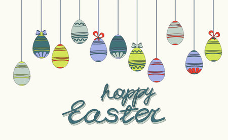 Easter poster and banner template with suspension Easter eggs. Greetings and presents for Easter Day in flat lay styling. Promotion shopping template for Happy Easter. Greeting card. Spring holidayのイラスト素材