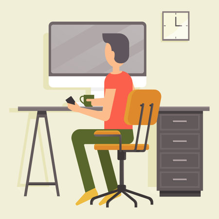 Work at home. Freelancer man working on computer at his house. Online study, education. Concept of remote work, freelancing, teaching, e-learning, from home office. Person sitting on chair at deskのイラスト素材