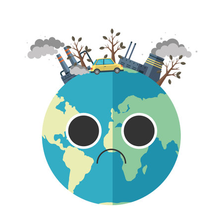 Save our planet earth, ecology eco environmental protection, climate changes, Earth Day April 22, planet with leaves vector emblem. Earth in bad conditionのイラスト素材
