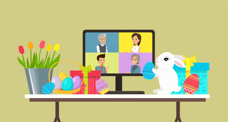 Easter family holiday, table with computer, white bunny,egg and gift. Video conference with people group on compuer, meeting online. Friends, colleagues talking on video and celebrating Easter dayのイラスト素材