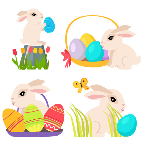 Easter poster and banner template set with Easter eggs and cute bunny on white background with tulips. Greetings and presents for Easter Day with traditional attributes. International spring holidayのイラスト素材