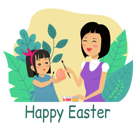 Easter family holiday banners set. Happy men, women and children with painted eggs, gifts. Religious people parents and kids together doing decorations for international spring holidayのイラスト素材
