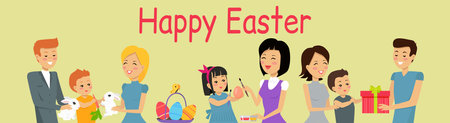 Easter poster and banner with Easter eggs. Family holidays. Greetings presents for Easter Day with traditional attributes. Spring holiday. Design greeting card and invitation of Happy Easter dayのイラスト素材