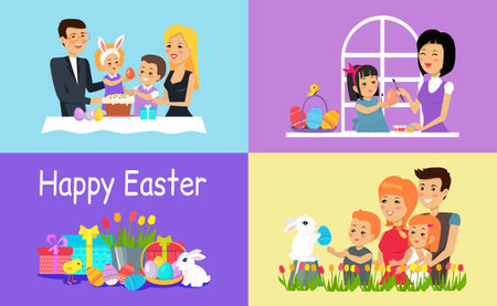 Easter family holiday banners set. Happy men, women and children with painted eggs, rabbits and gifts. Religious people parents and kids together doing decorations for international spring holidayのイラスト素材