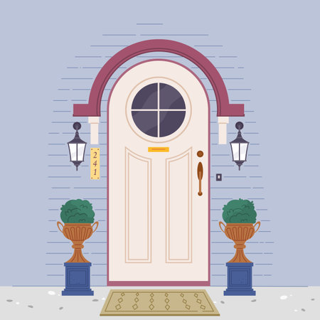 Cottage house facade front view from street, home building exterior of gray brick, door with window, rug at doorstep with plants in flowerbeds, tiled path. Entries to apartments. Office doorwayのイラスト素材