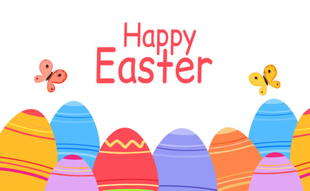 Easter eggs, festive attribute and decor. Bright different colored eggs with ornament and happy Easter handwritten lettering. Print for card, family holiday decor, greeting card, banner, invitation.のイラスト素材