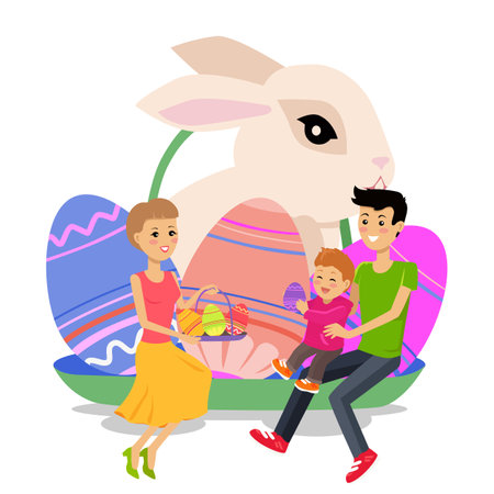 Easter family holiday banner. Happy smiling man, woman and child with painted eggs, rabbit and gifts. Religious people parents and kids together doing decorations for international spring holidayのイラスト素材