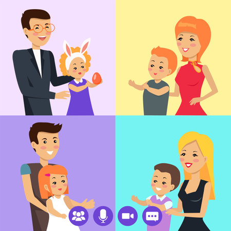 Family video conference meeting, remote communication. Distance chatting, video call. Program for virtual intercommunication, teamwork. People talking during collective discussion, conferenceのイラスト素材