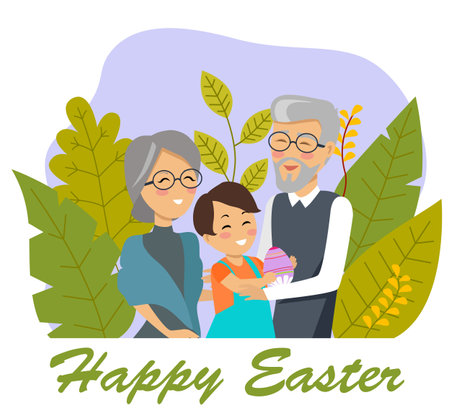 Easter poster and banner with Easter eggs. Family holidays. Easter Day with grandmother and grandfather traditional attributes. Spring holiday. Design greeting card and invitation of Happy Easter dayのイラスト素材