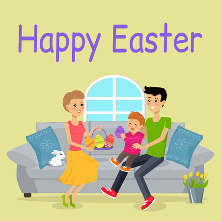 Easter family holiday banners set. Happy men, women and children with painted eggs, gifts. Religious people parents and kids together doing decorations for international spring holidayのイラスト素材