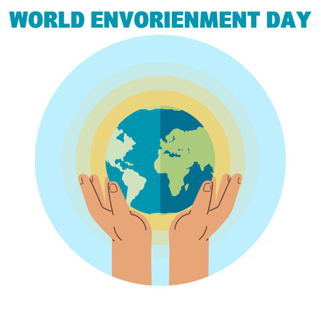 World Envorienment Day. Save planet. Hands holding globe, earth. Earth day concept. Globe with green plant sprout. Planet with world ocean continents. Symbol of caring for nature, environment ecologyのイラスト素材