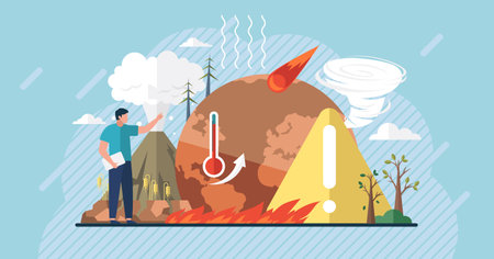 Climate change weather global greenhouse warming risks. Waste disposal, air and water pollution. Global warming, greenhouse gas emissions, deforestation. CO2 carbon dioxide emissions climate pollutionのイラスト素材