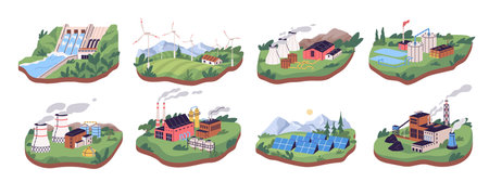 Alternative energy power plants and green electric energy generation stations. Isometric power. Solar panels, bio fuel, coal, thermal or geothermal, nuclear tidal and water wave power stations. Energyのイラスト素材