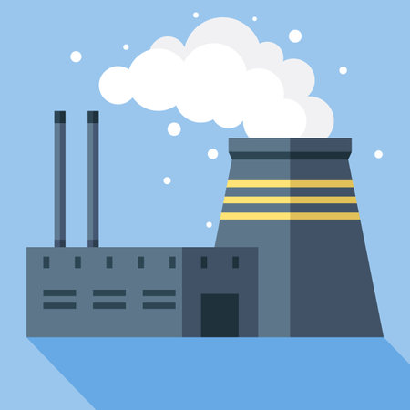 Factory industry manufactory power electricity building. Urban factory plant smoke. Factory building of heavy industry, generating electricity. Industry power, chemical warehouse nuclear energy plantのイラスト素材