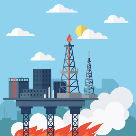 Oil derrick in fire. Industrial factories. Oil and petroleum industry. Oil refinery complex with pipes and tanks gas production rigs with endless steel landscape. Petroleum fuel industry pipelineのイラスト素材