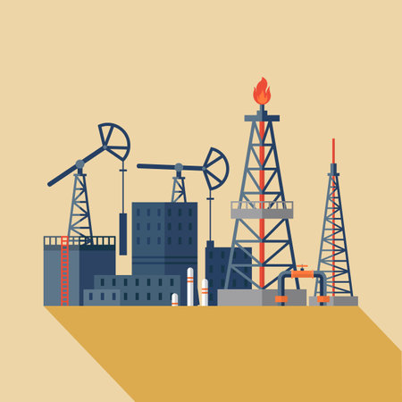 Industrial factories silhouette background. Oil and petroleum industry. Oil refinery complex with pipes and tanks gas production rigs with endless steel landscape. Petroleum fuel industry pipelineのイラスト素材