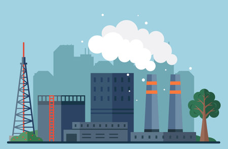 Environment pollution and ecology disaster. Factory air and water pollution. Power plant air pollution or industry factory. Smoke and air pollution. Industrial plant clouds of smoke, smog and fogのイラスト素材