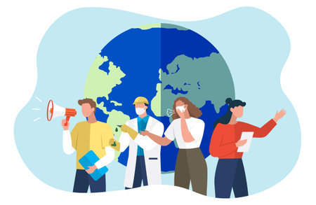 Earth Day. International Mother Earth Day. Social poster, banner or card. Environmental problems protection. Caring for Nature. World earth day. Save planet. People care planet. Zero waste think greenのイラスト素材