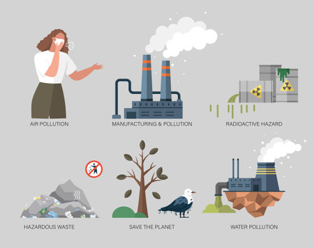 Environment pollution and ecology disaster. Factory air and water pollution. Power plant air pollution or industry factory. Smoke and air pollution. Industrial plant clouds of smoke, smog and fogのイラスト素材