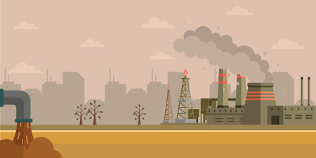Environment pollution and ecology disaster. Factory air and water pollution. Power plant air pollution or industry factory. Smoke and air pollution. Industrial plant clouds of smoke, smog and fogのイラスト素材