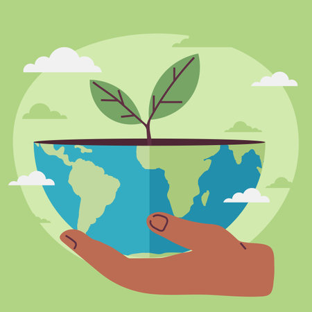 Save planet. Hands holding globe, earth. Earth day concept for poster. Globe with green plant sprout. Planet with world ocean and continents. Symbol of caring for nature, environment and ecologyのイラスト素材