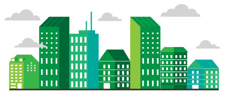 Clean energy. Renewable green energy sources. Clean electric energy from renewable sources sun wind. Recycle. Power plant station buildings with solar panels and wind turbines. Green city. Save planetのイラスト素材