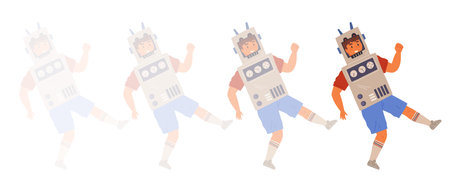 Cute boy wearing cardboard battle bot suit at costume party. Cosplay male child in entertainment robotic costume blurred illustration. Creative guy in self made outfit playing space alien robotのイラスト素材