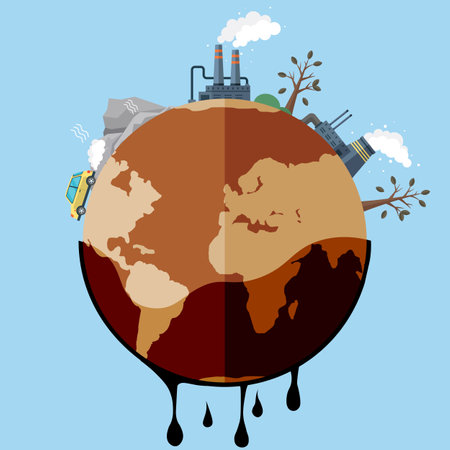 Ecological problem. Planet Earth is full of rubbish. Save the planet. Earth Day. Restoration of ecology of the planet. Toxic waste. Emissions from factories. Changing of the climate. Waste pollutionのイラスト素材