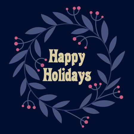 Happy Holidays vector text on dark natural background. Holidays lettering for invitation and greeting card, prints and posters. Hand drawn typographic inscription, christmas calligraphic designのイラスト素材