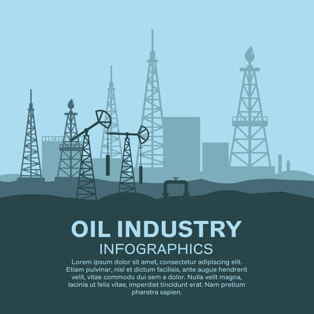 Industrial factories silhouette background. Oil and petroleum industry. Oil refinery complex with pipes and tanks gas production rigs with endless steel landscape. Petroleum fuel industry pipelineのイラスト素材