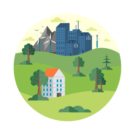 Clean energy. Renewable green energy sources. Clean electric energy from renewable sources sun wind. Recycle. Power plant station buildings with solar panels and wind turbines. Green city. Save planetのイラスト素材