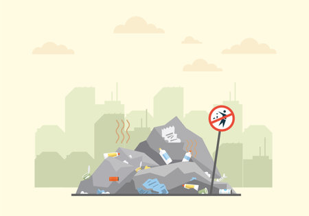 City dump wasteland. Littering waste pile disposed on street exterior with city skyscrapers polluted urban skyline in background. Trash fallen on ground and create big stack. Environment contaminationのイラスト素材