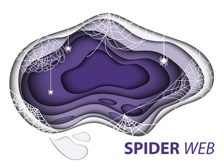 Spiderweb for Halloween design. 3D Spider web elements,spooky, scary, horror halloween decor. Purple hand drawn silhouetteのイラスト素材