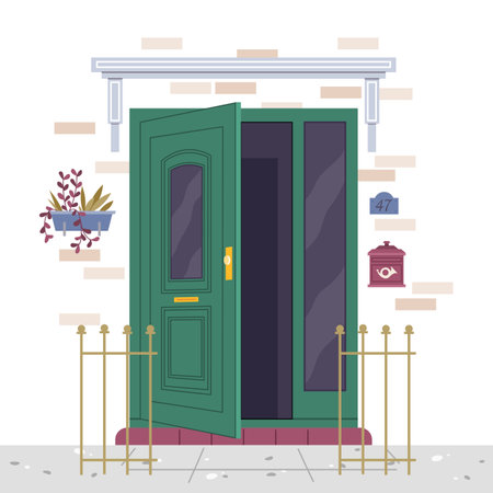 Facade door house exterior entrance. Front view from street. Closed home entry exterior with potted flower plants, lamp, number plate. Doorway facade. Entries to apartments with green decorationのイラスト素材