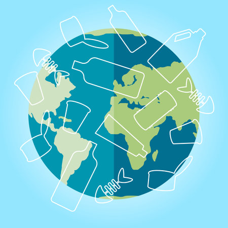 Plastic bottles planet. Environment bottled water recycling. Earth Day. International Mother Earth Day. Planet earth or world globe with oceans. Environmental problems and environmental protectionのイラスト素材