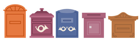 Mail box vector set post mailbox or postal letterbox mailing and postboxes for delivery mailed letters to various countries illustration isolated. Street stainless containers for paper correspondenceのイラスト素材