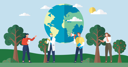 Earth Day. International Mother Earth Day. Social poster, banner or card. Environmental problems protection. Caring for Nature. World earth day. Save planet. People care planet. Zero waste think greenのイラスト素材