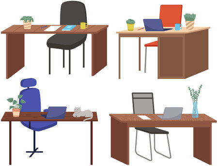 Organization workplace of employee. Design of worspace room, space for working in office. Arrangement of furniture table with computer and chair in interior. Place for working with technology at homeのイラスト素材