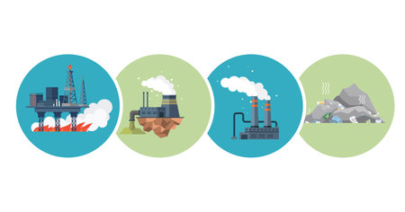 Factory industry manufactory power electricity building. Urban factory plant smoke. Factory building of heavy industry, generating electricity. Industry power, chemical warehouse nuclear energy plantのイラスト素材