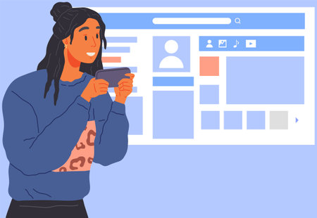 Girl with smartphone surfs web sites, chatting, mailing. Social networks, digital services, Internet program apps. Woman using applications on mobile device. Lady with gadget scrolls social media feedのイラスト素材