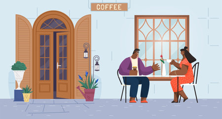 People in street cafe outdoor seating area of city restaurant. Friends at cafe table outside of coffee shop. Couple talking, sitting at summer cafeteria terrace. Man and woman meeting in coffeehouseのイラスト素材