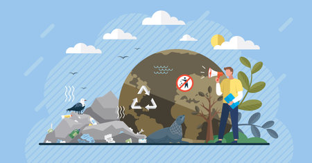 Ecological problem. Planet Earth is full of rubbish. Save the planet. Earth Day. Restoration of ecology of the planet. Toxic waste. Emissions from factories. Changing of the climate. Waste pollutionのイラスト素材
