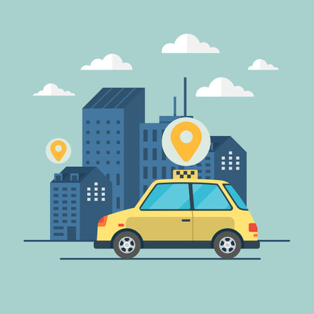 Online ordering taxi car, rent and sharing using service mobile application. Yellow car route and points location on city map and urban landscape background. Public transport, town automobileのイラスト素材