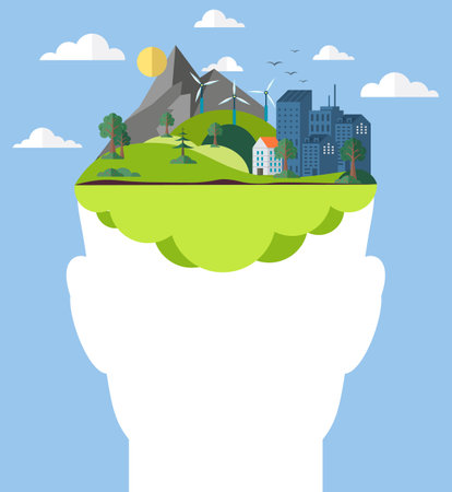 City sustainable power supplies on human head, green energy environmental wind power. Green city generates electricity with wind turbines. Clean energy and environmentally friendly alternative sourceのイラスト素材