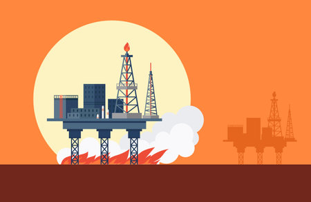 Big oil refinery on fire with cloud of smoke , oil production, petrochemical plant, ecology disaster, manufacturing with metallic constructions, gas producing enterprise, petroleum producingのイラスト素材