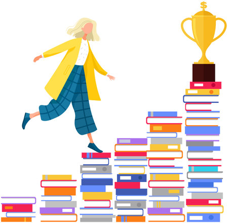 Concept of reading and knowledge help achieve goals, success in education and career. Girl and prize on books staircase, academic achievement. Woman run on stairs of books stacks to award on topのイラスト素材