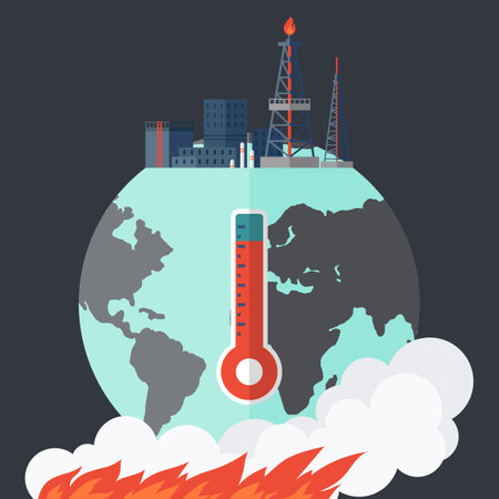 Oil derrick. Pump jack stands on top of planet earth. Petroleum-producing, oil refinery equipment pollutes soil, surface and underground waters, destroys vegetation and wildlife, raises temperatureのイラスト素材