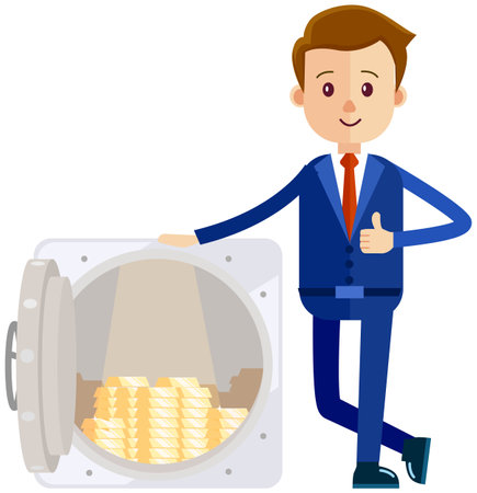Billionaire businessman near full bank vault standing next to pile of gold bars. Rich man in costume shoveling up money. Business success concept. Male character shows his money in form of gold barsのイラスト素材