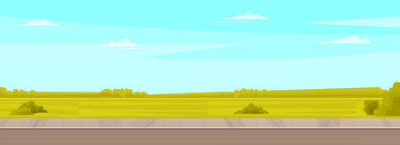 Gray asphalt road for cars, green lawn and path for people. Summer landscape background with cloudy blue sky. Beautiful picnic area and outdoor nature scenery. Meadow with green grass and bushesのイラスト素材