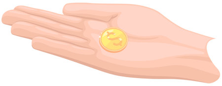 Human hand with coin isolated on white background. Money donation, charity, investment. Profit, income, salary increase. Hand holding gold dollar penny. Person with gold cent between fingersのイラスト素材